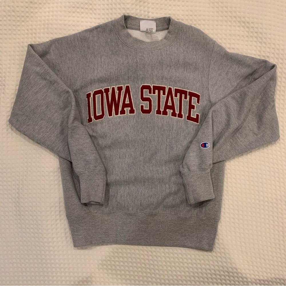 Champion Gray Crewneck Sweater with Red Iowa State Logo